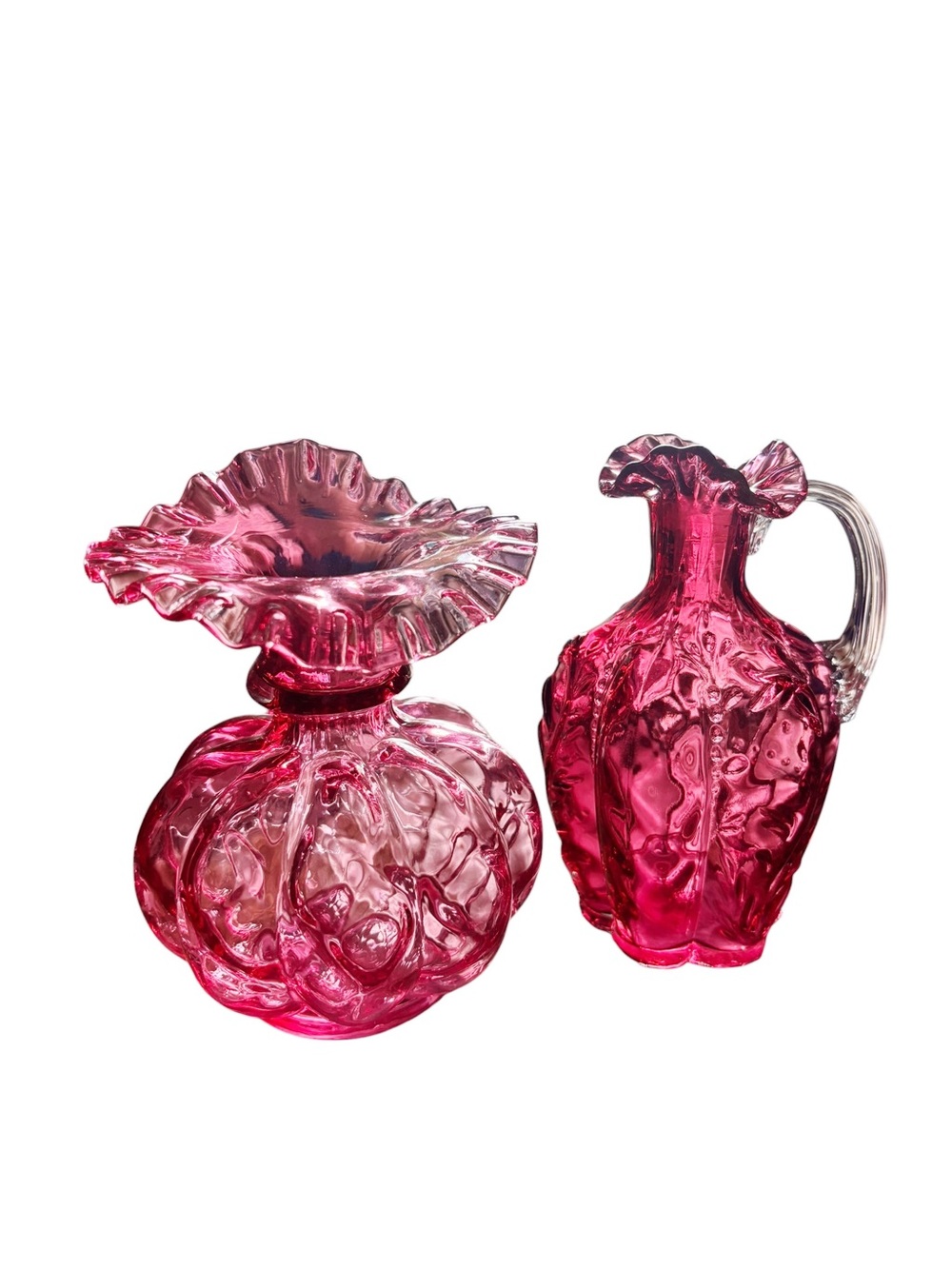 Pair of Vintage Fenton Art Glass-cranberry pink vases| Features crimped spout|